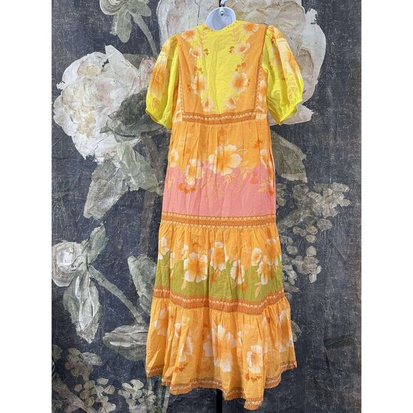 NWT Farm Rio Anthropologie Short-Sleeve Tiered Yellow Midi Dress Size SMALL - Picture 7 of 11